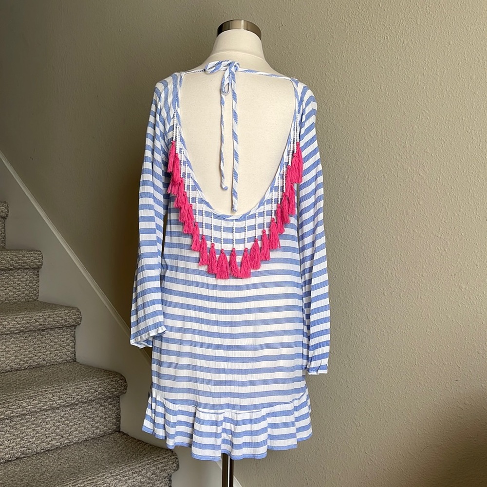 Francesca’s Sz M Blue & white stripped, beaded pink tasseled beach coverup